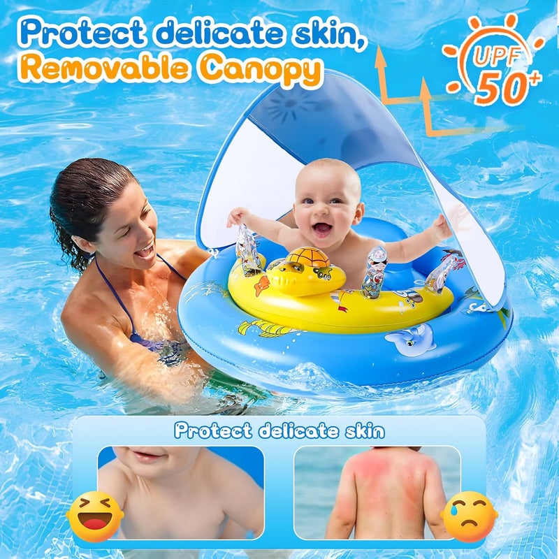 GEEQUFLOAT Baby Pool Float,Extra Wide Infant Pool Float,Baby Floaties 6-12 Months,Toddler Swim Float with Canopy Removable UPF50+ Sun Protection＆Toy Play Console,Adjustable Safety Seat,Toddler Floaties (Blue) - Image 2